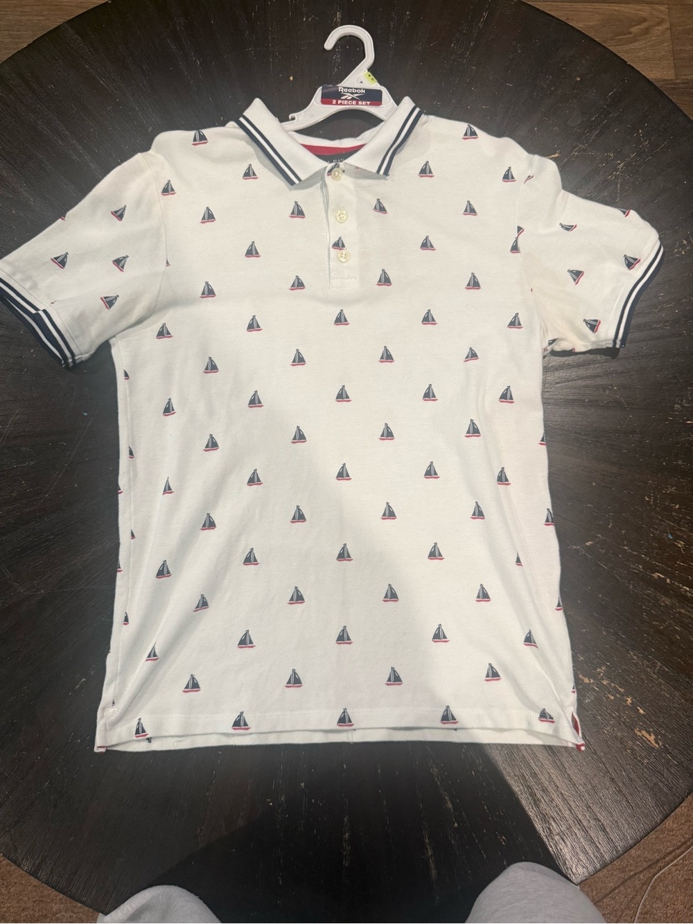 Reebok White Polo Shirt with Navy and Red Sailboat Print